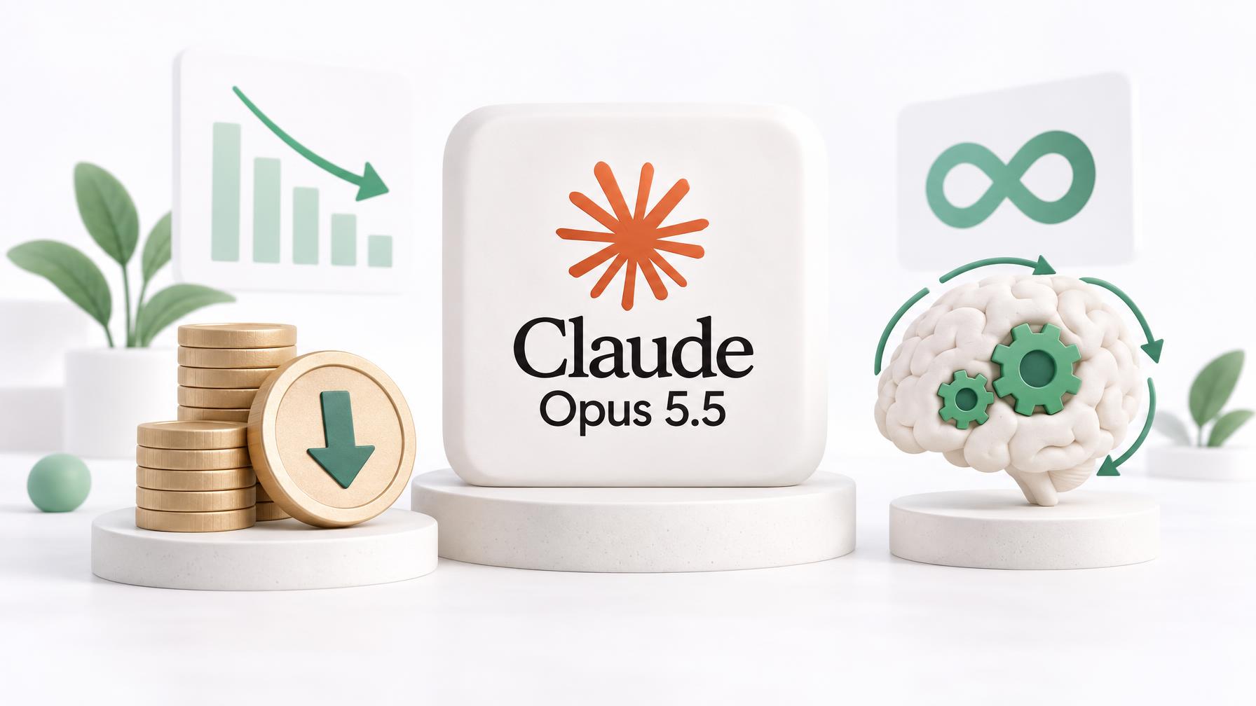 Claude Opus 5.5 mit Münzstapel und Abwärtspfeil für den niedrigeren Preis und einem Gehirn mit Zahnrädern für das dauerhafte Denken