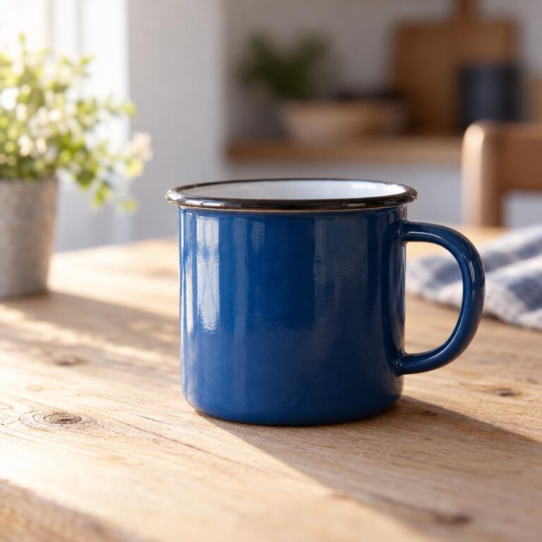 Blue enamel mug on a wooden table lit from the left, generated by GPT Image 2.5 Sunburst
