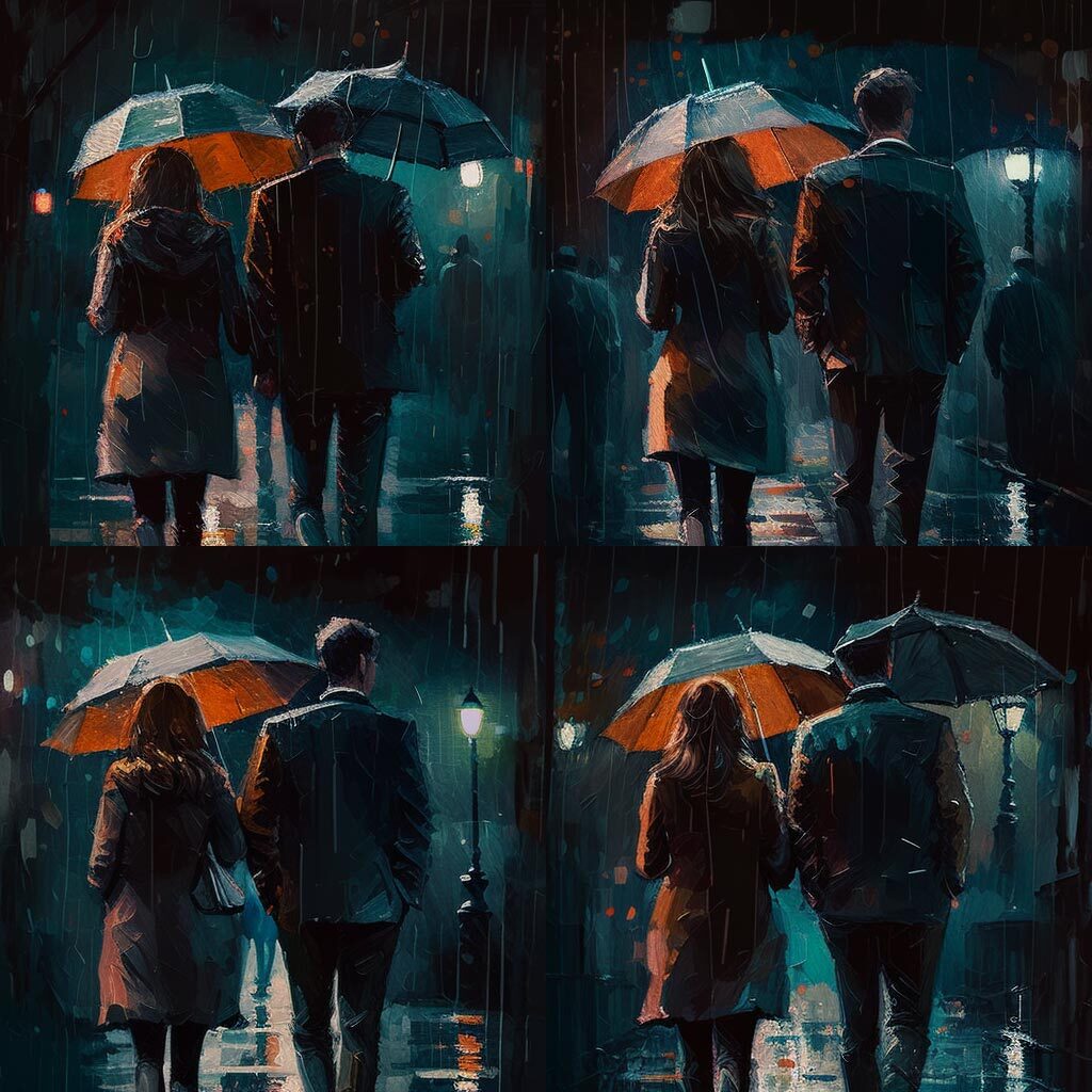 A couple walking in the rain