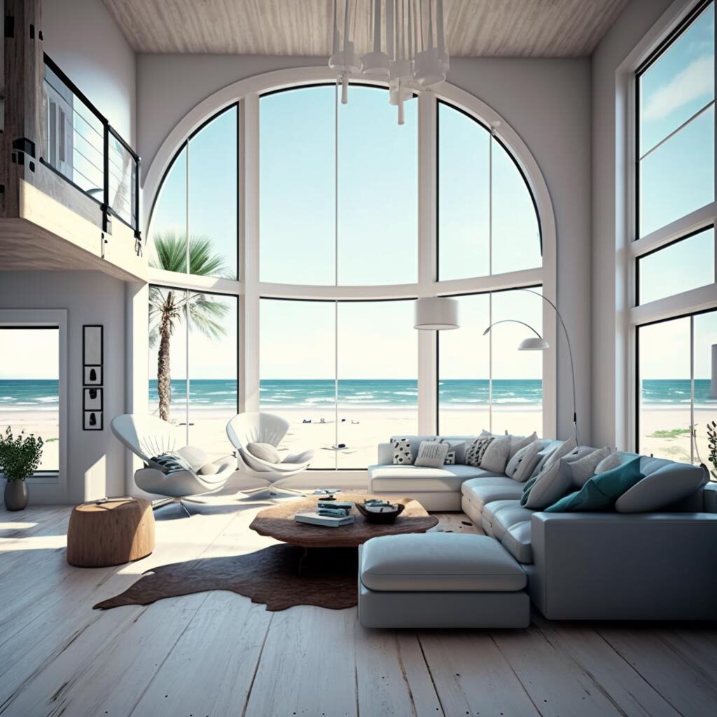 interior design of a beachfront house with large windows