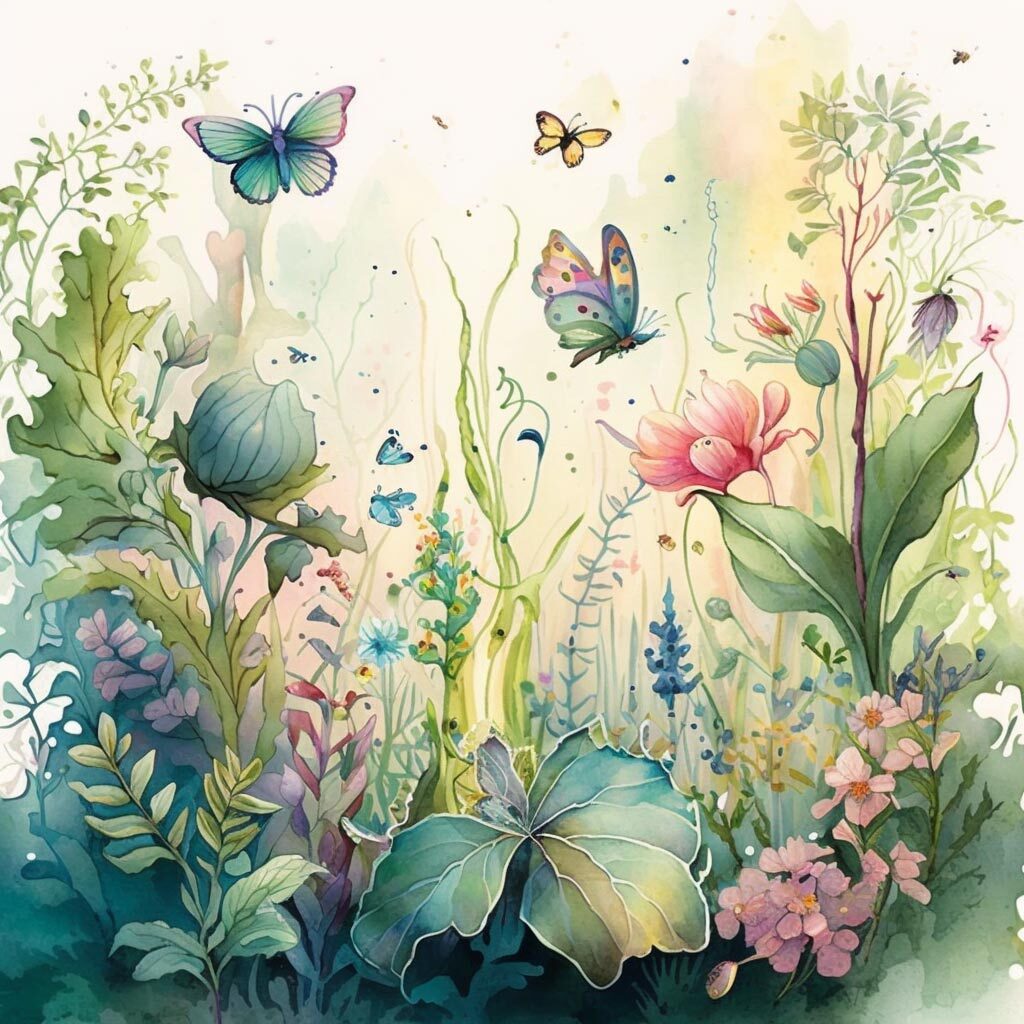 watercolor image of a beautiful, whimsical garden