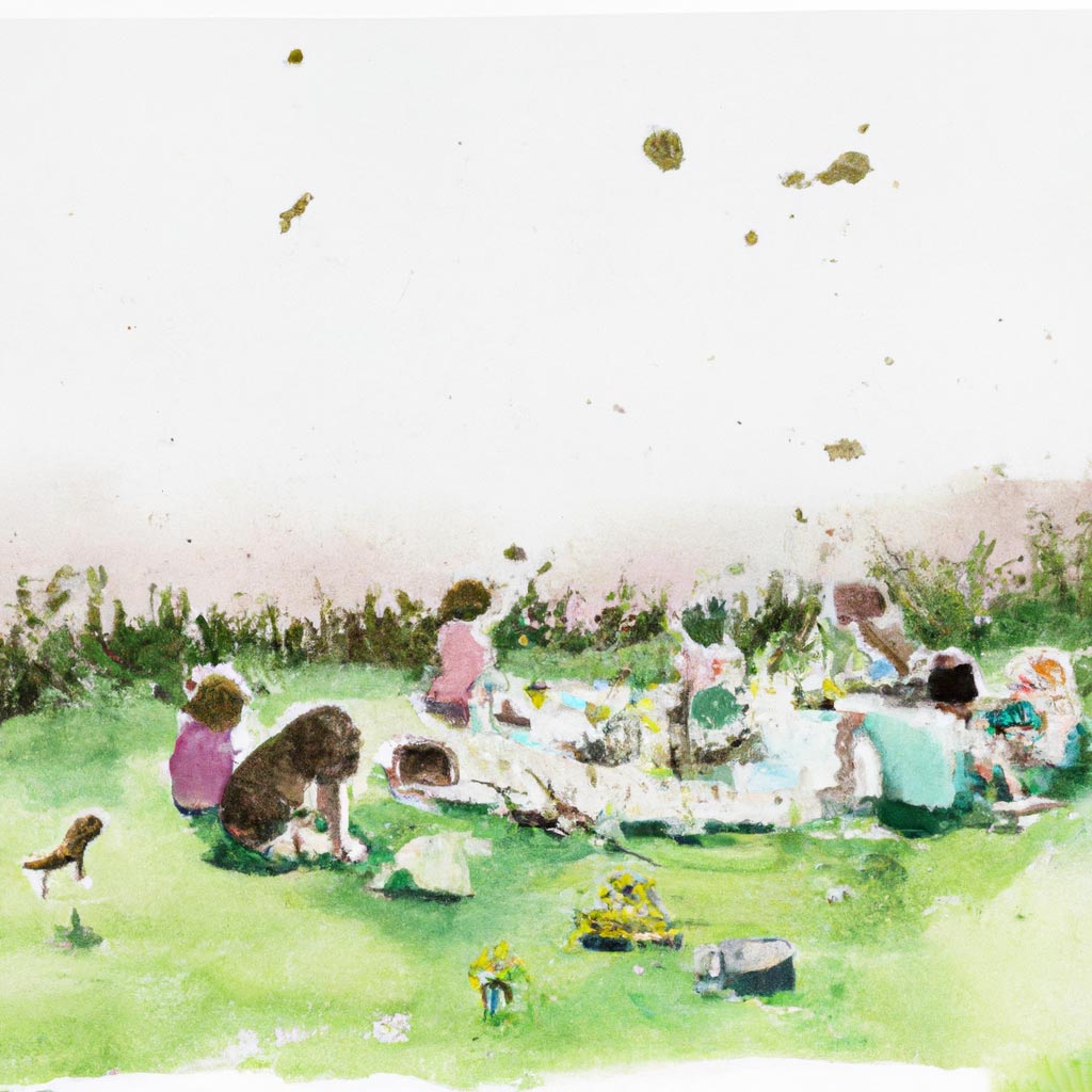 watercolor, scene of a group of children having a picnic
