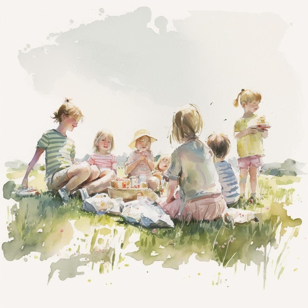 watercolor, scene of a group of children having a picnic