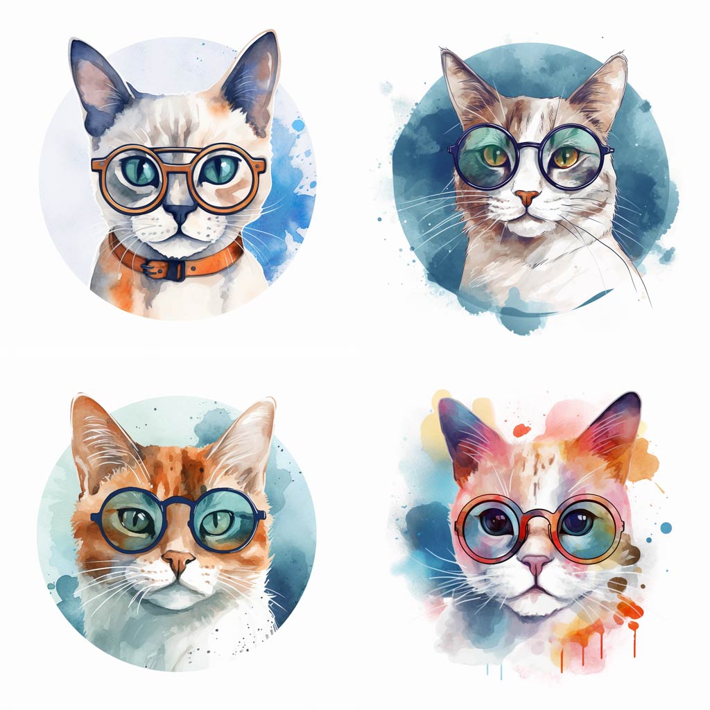 a cat, wearing glasses, flat 2d, watercolour, clean, simple, white background