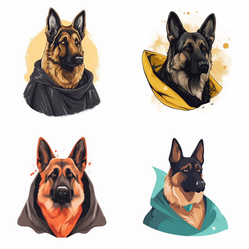 a german shepherd, with a cape, flat 2d, mottled style, clean, simple, white background