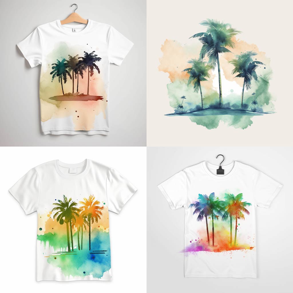 palm trees on a sandy beach, flat 2d, watercolour, clean, simple, white background