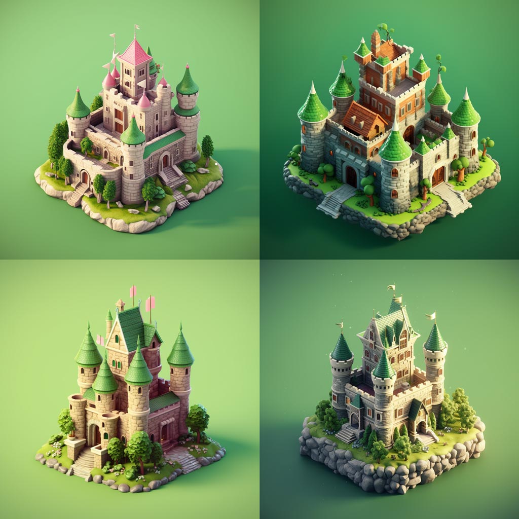 Tiny cute isometric castle, soft smooth lighting, soft colors