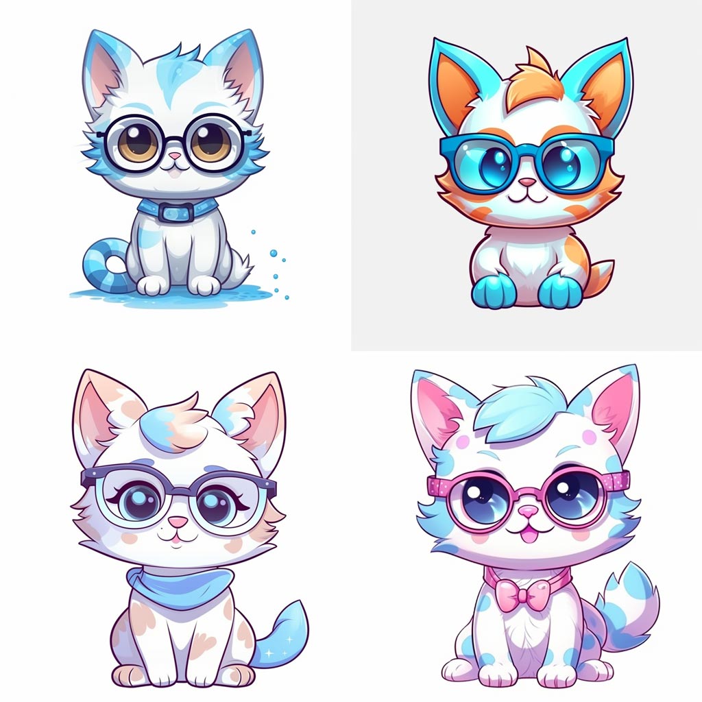 a cut Kawaii Style cat with glasses, pop art, flat shading, 2d game art, white background
