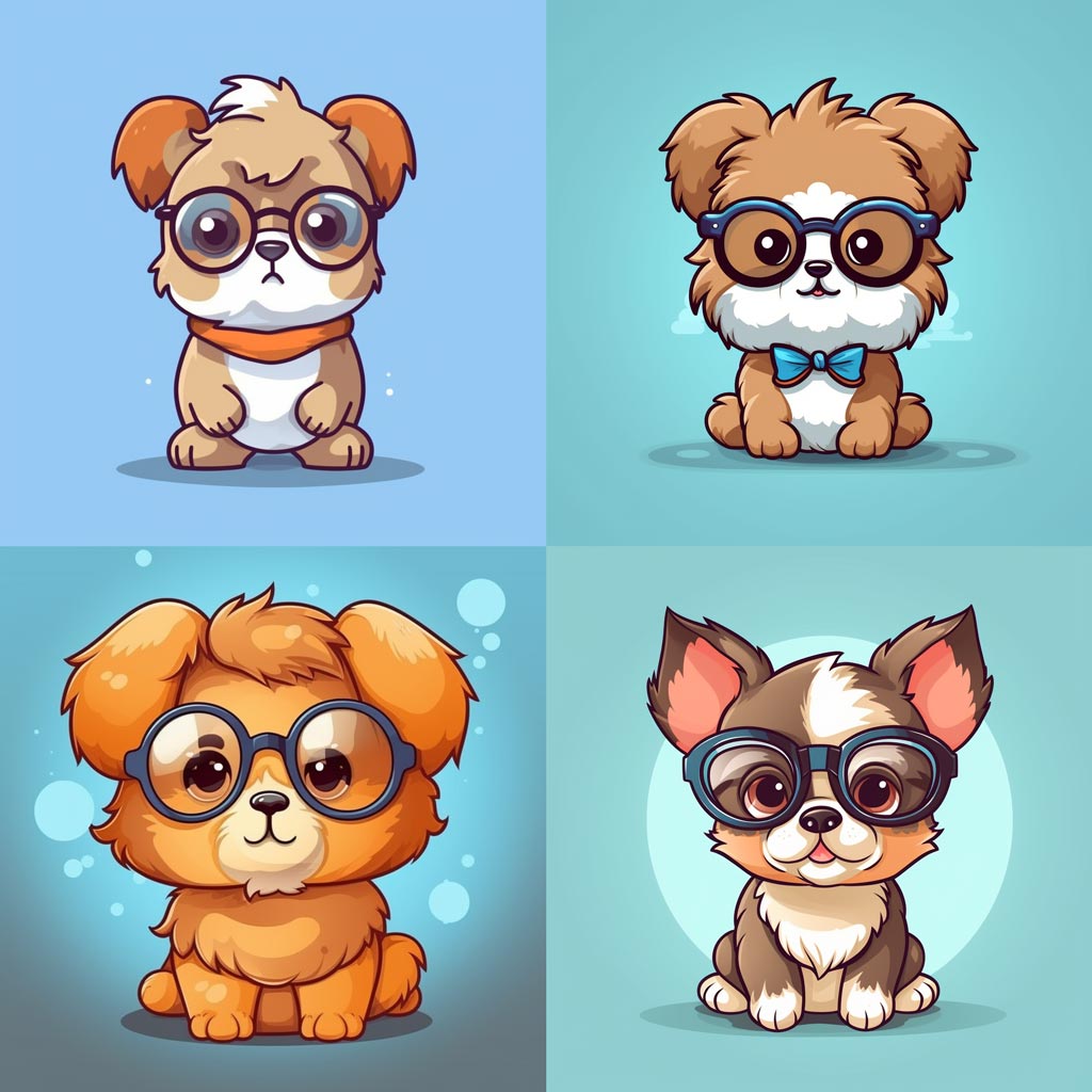  a cute Kawaii Style dog with glasses, 2d, vector, APe, 2d game art, Cartoon, Cute --v 5.1