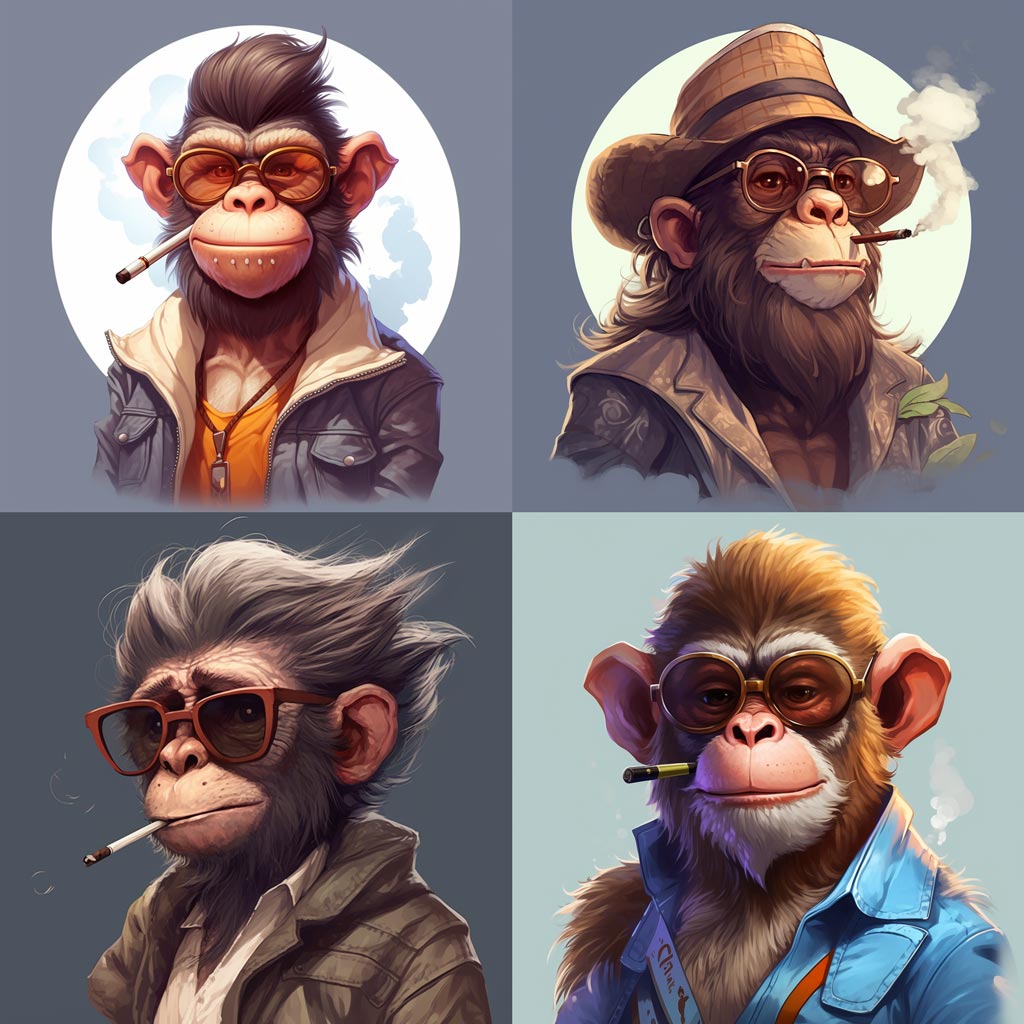a monkey with glasses and a cigarette in his mouth, a character portrait by Cafer Bater, behance, furry art, behance hd, flat shading, 2d game art, white background --v 5.1