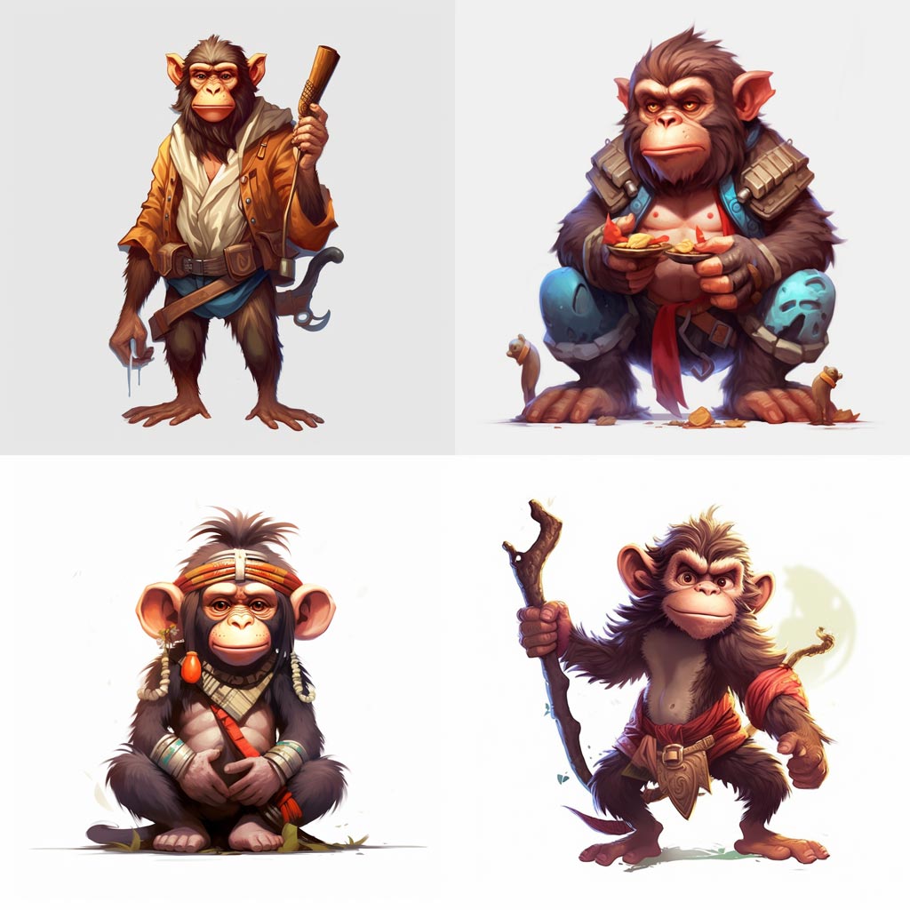 illustration of a monkey, a character, APe, cgsociety, 2d game art, white background --v 5.1