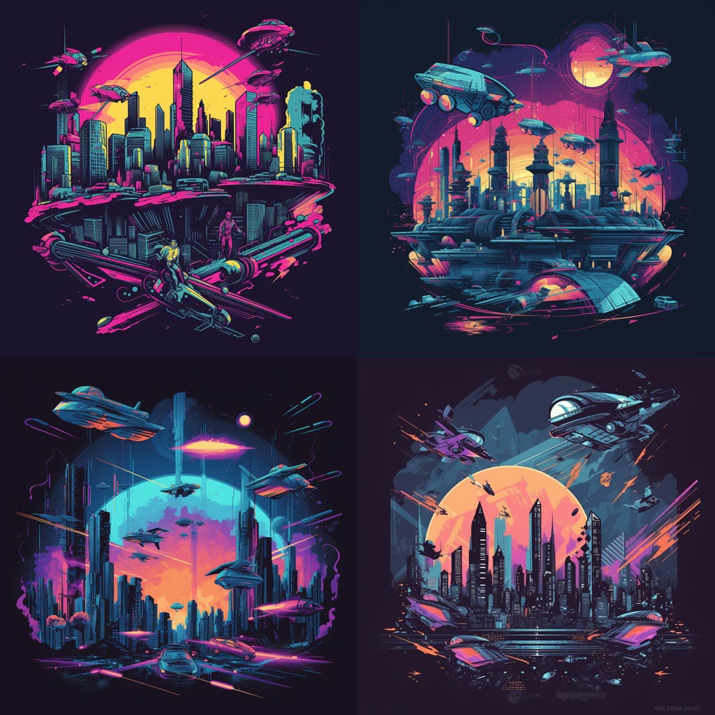 t-shirt vector, A futuristic city skyline with skyscrapers and neon lights, flying cars and hoverbikes zipping through the air