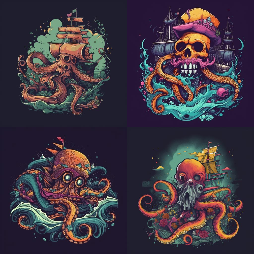 t-shirt vector, a colorful octopus with its tentacles wrapped around a sunken pirate ship