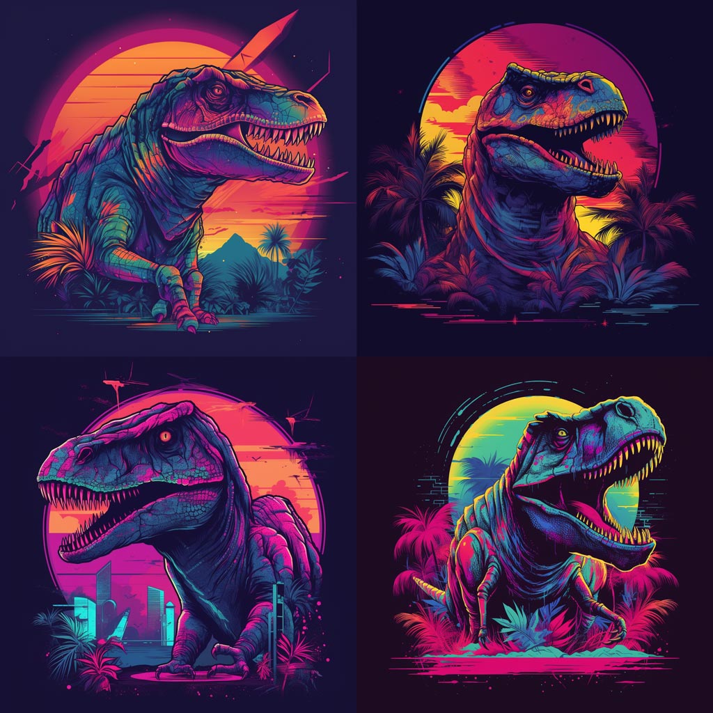t-shirt vector, dinosaur graphic, synthwave, pop colors, detailed