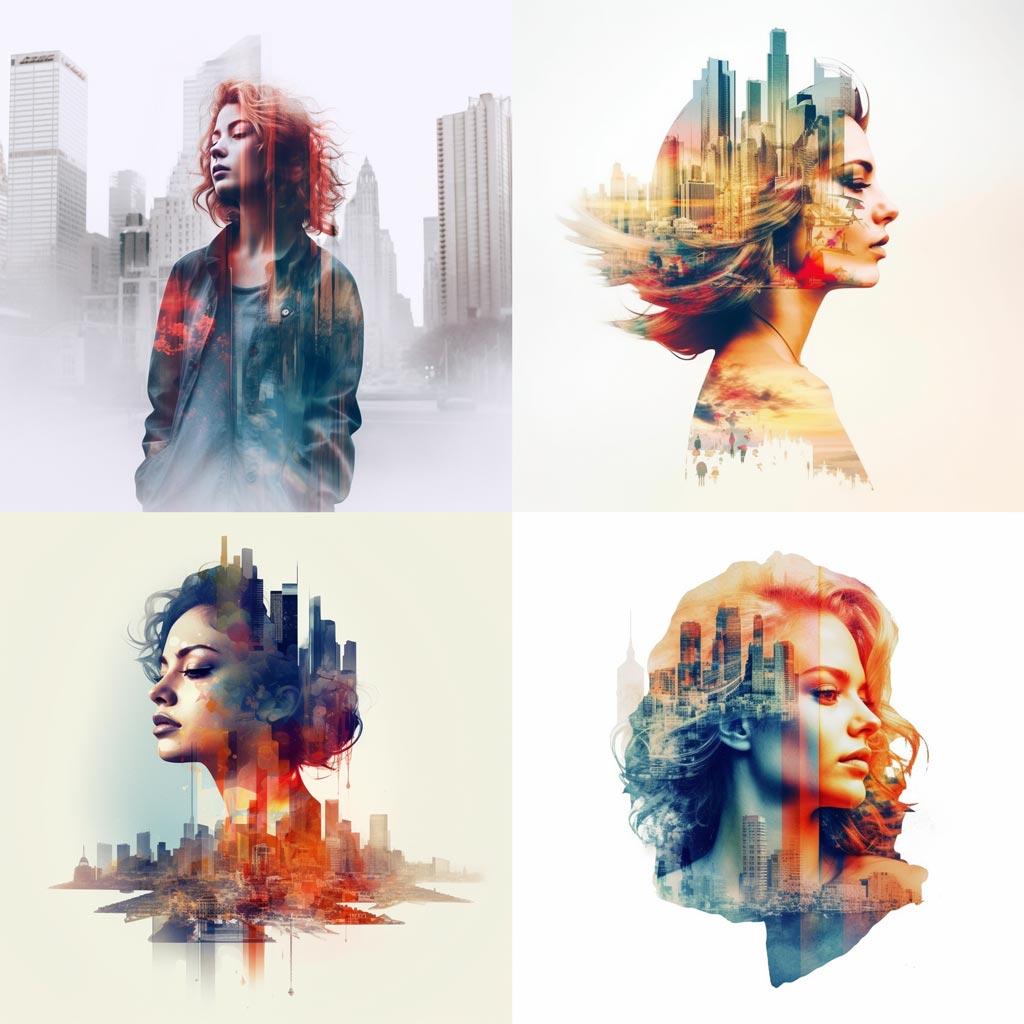 Double exposure photography of a woman and the mesmerizing urban cityscape, Midjourney prompt