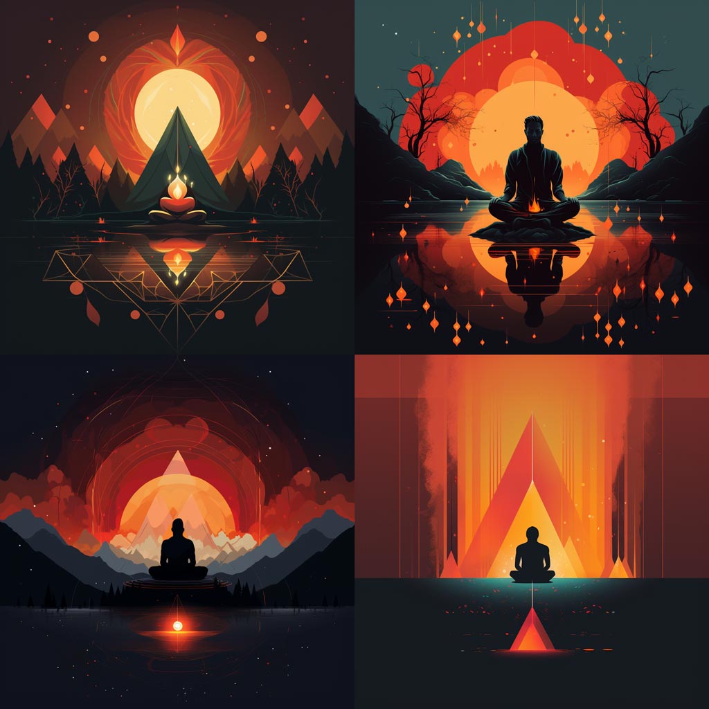 A digital artwork depicting a serene meditation scene with fire symbolism, incorporating spiritual elements in a geometric and vector style