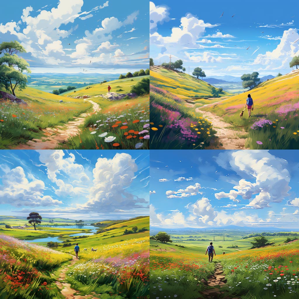 A digital painting of a serene countryside landscape with a person walking in a green field, surrounded by colorful wildflowers