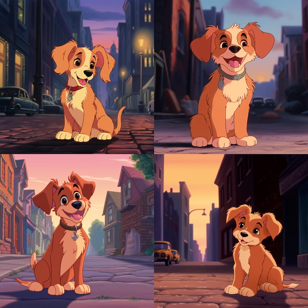 cute dog on the street in the style of Don Bluth,