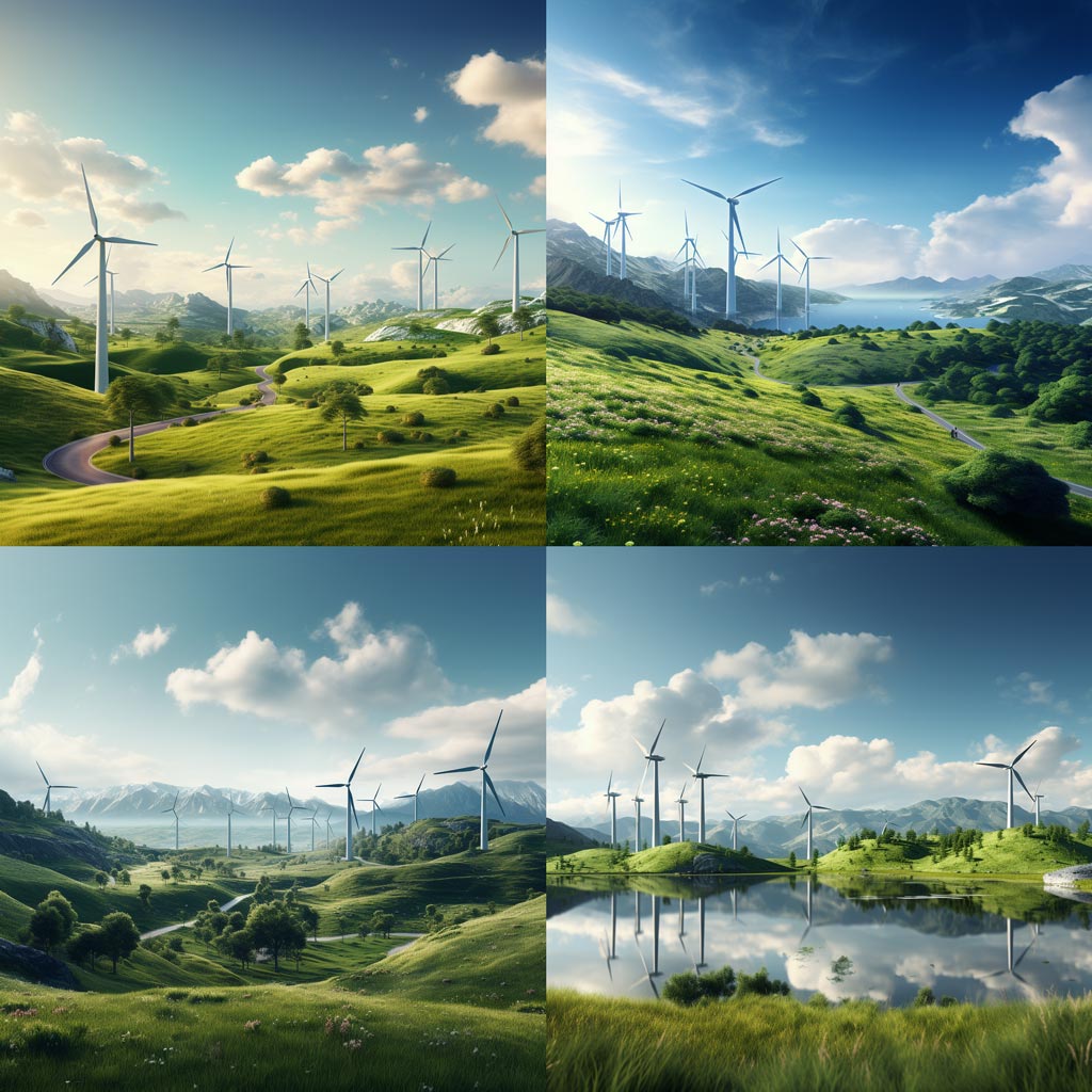 wind turbines showcasing the concept of green energy and are surrounded by a serene landscape
